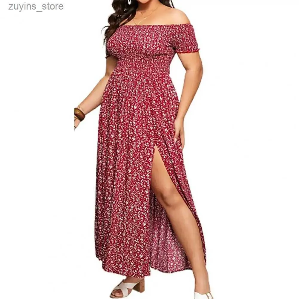 Vestidos casuais básicos peito elástico embrulhado boho vestido de mulheres plus size size curta manga alta cintura dividida bainha fluvial do ombro impressão floral maxi vestido l49