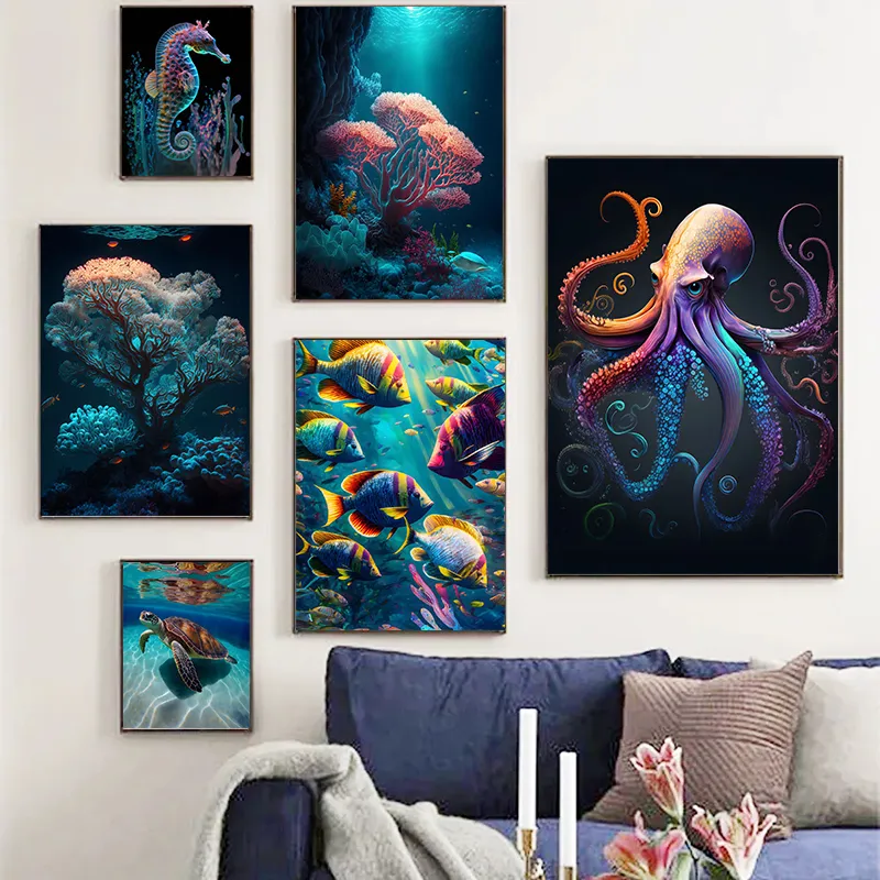 Ozeanleben Seahorse Oktopus Korallen Fischplakat Leinwand Malerei Meer Tier Vintage Wandkunst für Wohnzimmer Home Dekoration