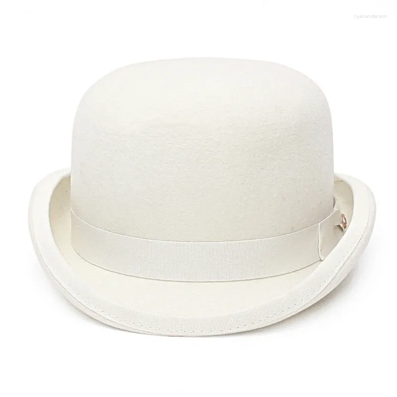 男性/女性のためのベレー帽のホワイトボウラー帽子サテンで並ぶファッションパーティーフォーマルコスチュームマジシャンキャップ
