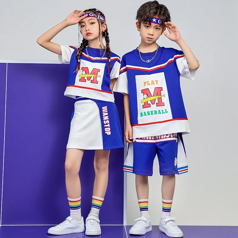 新しい子供チアリーディングパフォーマンス服カジュアルTシャツショーツキッズヒップホップダンス服の男の子の女の子ステージショーコスチューム