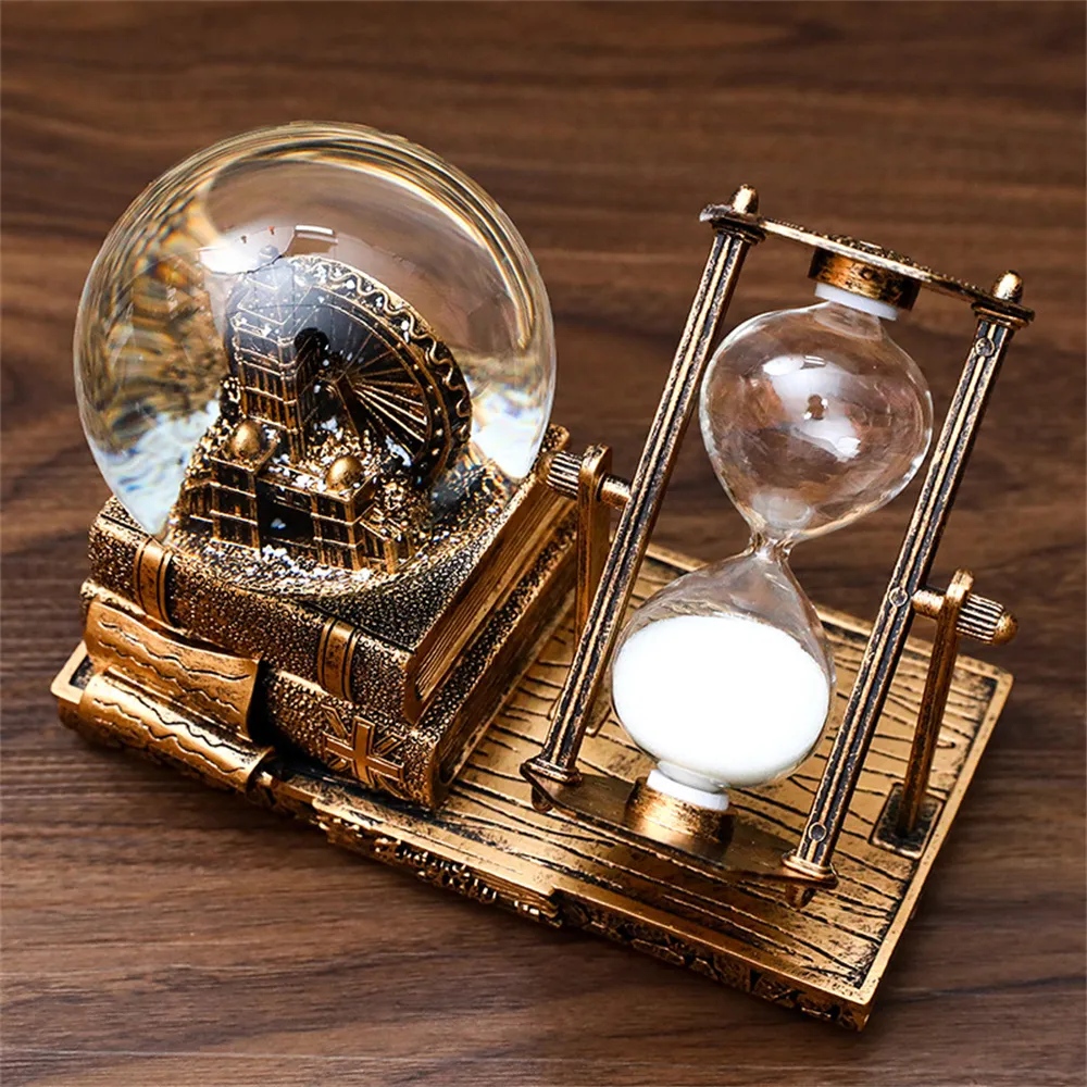 Vintage Desk Ornament Tower Luminous Snow Globe With Music Hourglass Glass Ball Retro Crafts Office Home Decor Christmas Presents