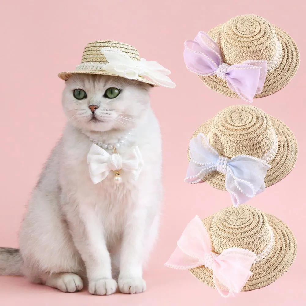 DHgate 2024Straw Pet Hat with Mesh Bow Pearls Adjustable Cat Dog Hat for Beach Costume Party Pet Supplies