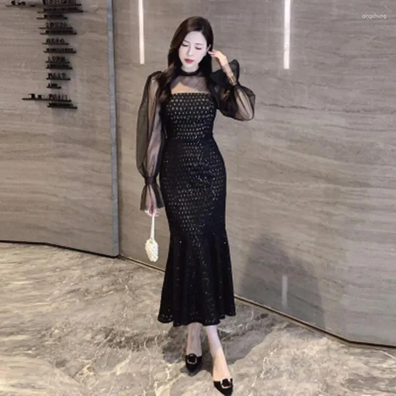 Casual Dresses High Quality Design Runway Slim Fishtail Dress Woman Sexig Retro Hepburn Style Patchwork Mesh Temperament Mid Length