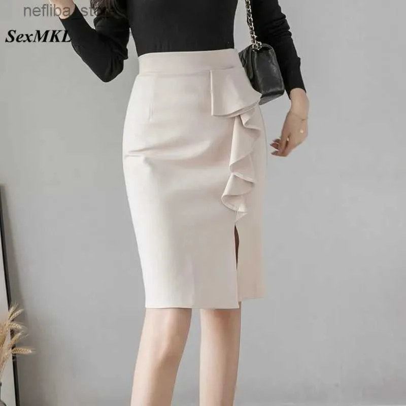 SEXY SKIRD SECULA DE LA CASA NEGRA HIGA MUJER 2023 Fashion Ruffles Fodycon y falda elegante ropa coreana Oficina de lápiz Falda l410