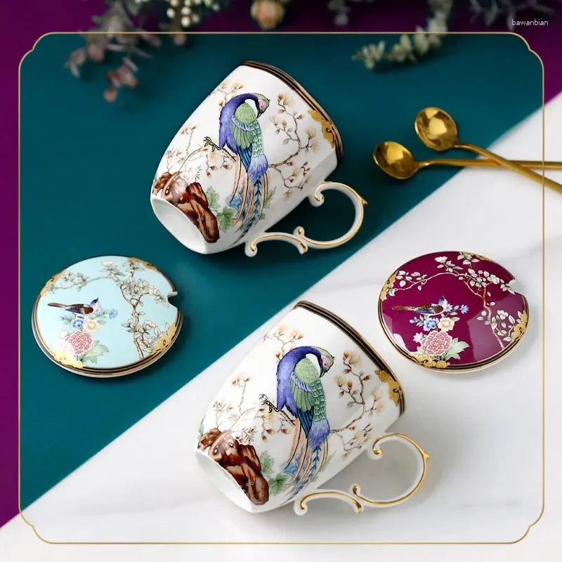 Tasses 100 oiseaux vers Phoenix en céramique tasse avec couverture cuillère cuillère de mode créative enfants à la maison des hommes chinois