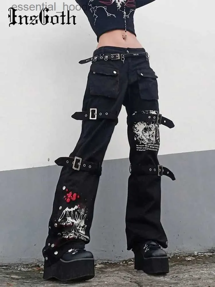 Women's Pants Capris InsGoth Y2K Punk Skull Printed Black Button Pants Harajuku High Waist Large Pocket Trousers Goth Mall Grunge Cargo Pants Techwear C240411