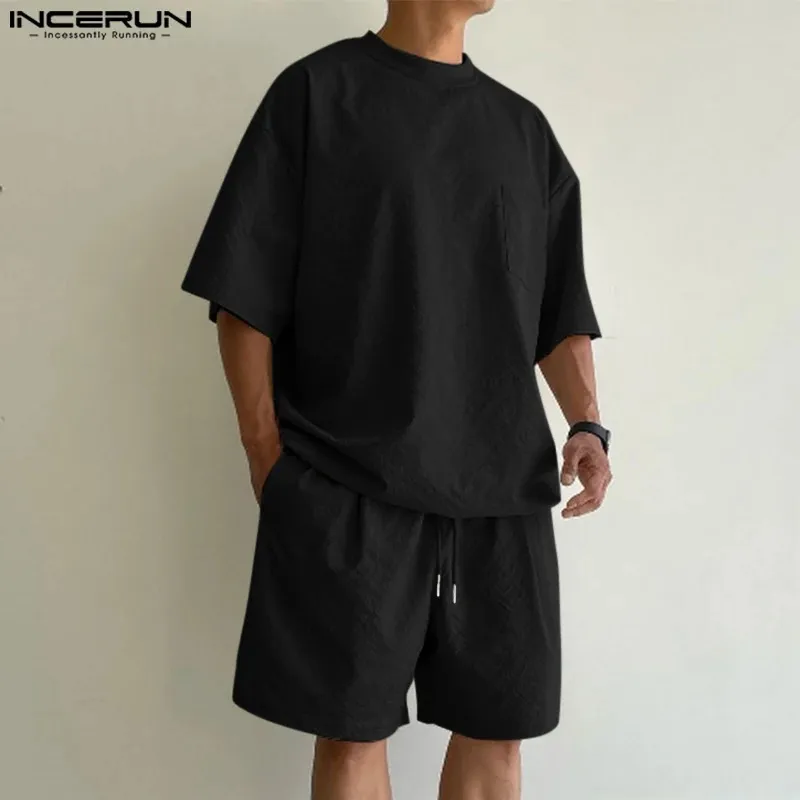 Incerun in stile coreano da uomo set sottili texture top a maniche corte traspirabili cortometraggi casual strade a due set s5xl 240409