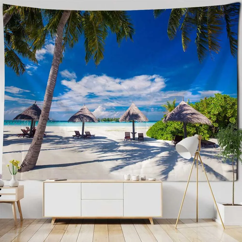 Tapestry View Coconut Tree Tapisches Mur de mer suspendus Bohemian Room Wall Decoration Hippie Aesthelic Aesthelic Aesthetic Home Interior Decoration R0411