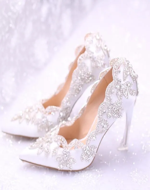 2018 Stylish Pearls Flat Wedding Shoes For Bride Prom 9cm High Heels Plus Size Pointed Toe Lace Bridal Shoes4256357