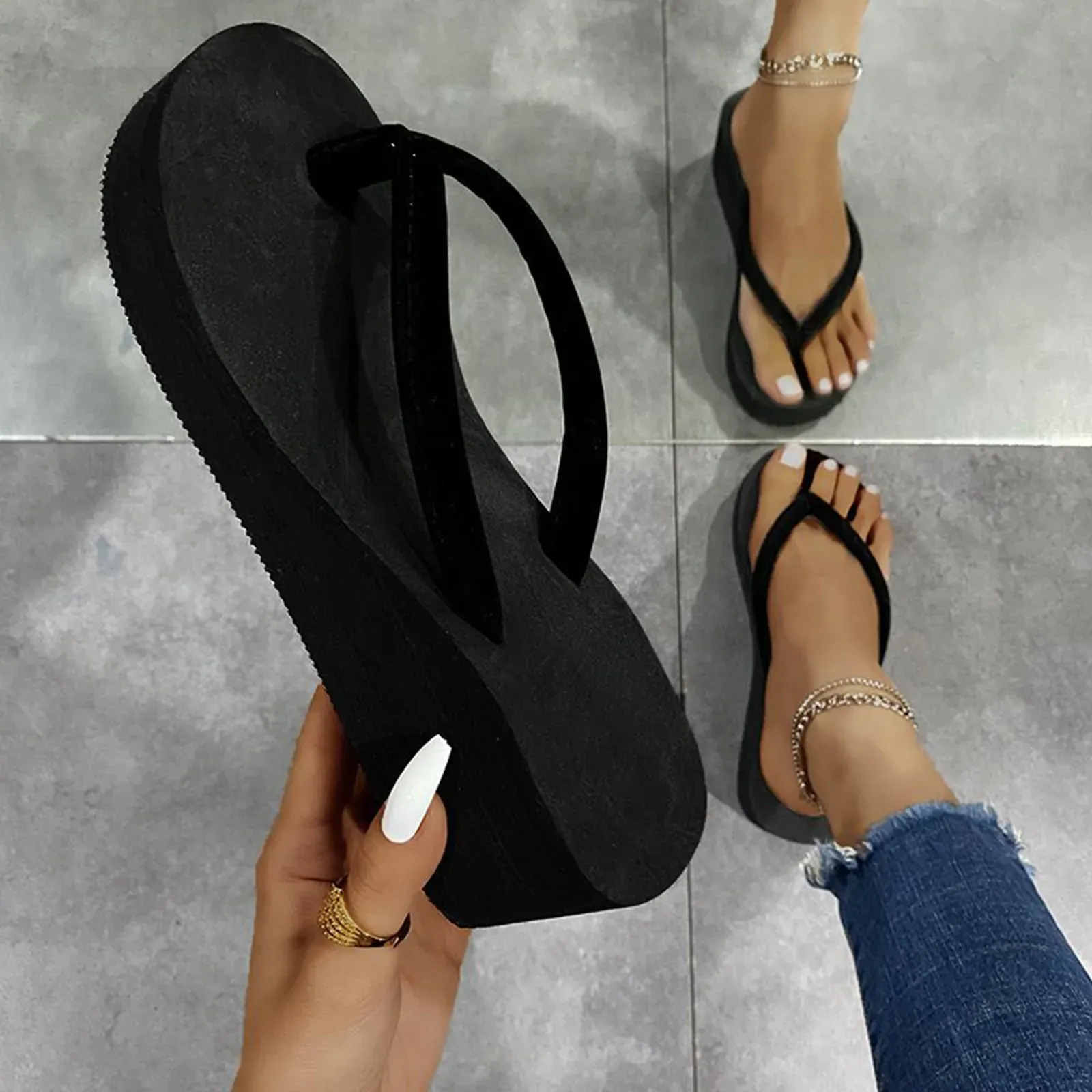 Tofflor bohemiska skor plattform damer sandaler kilar strand hem tofflor kvinnor flip flops minnes skum flip flops för kvinnor