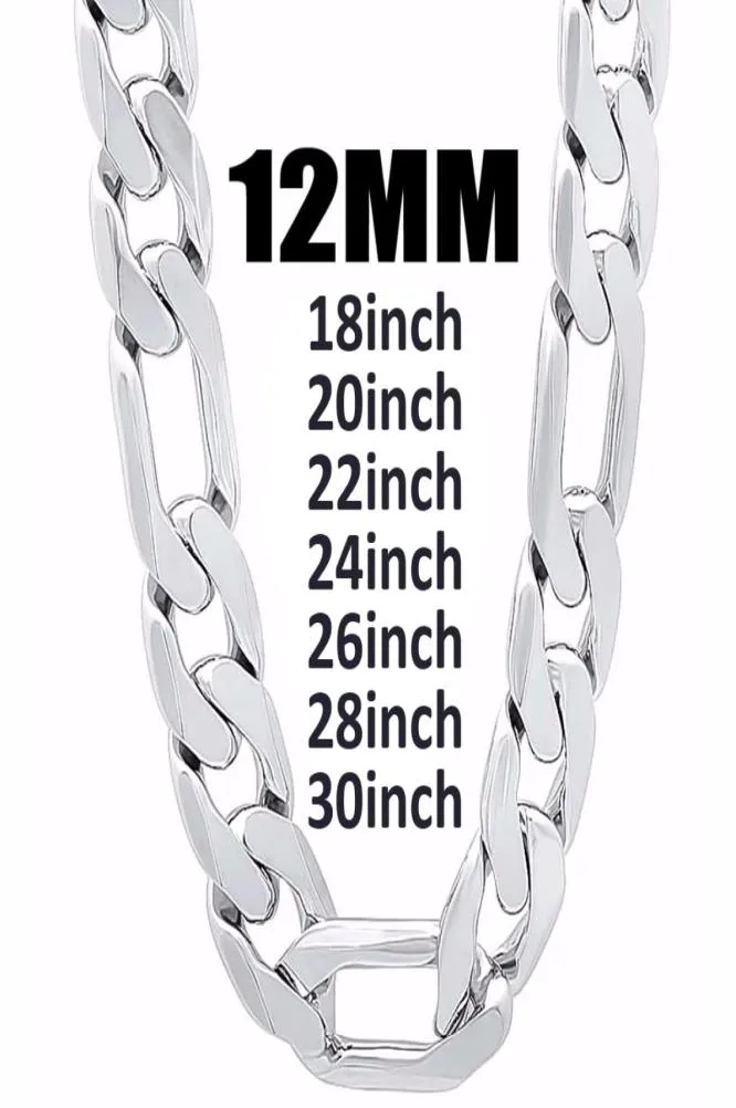 12mm Largura 925 Silver Men Men Chain Chain Jóias Moda de 1830 polegadas Men039s Curb de alta qualidade Jewerly Gift FA7120781