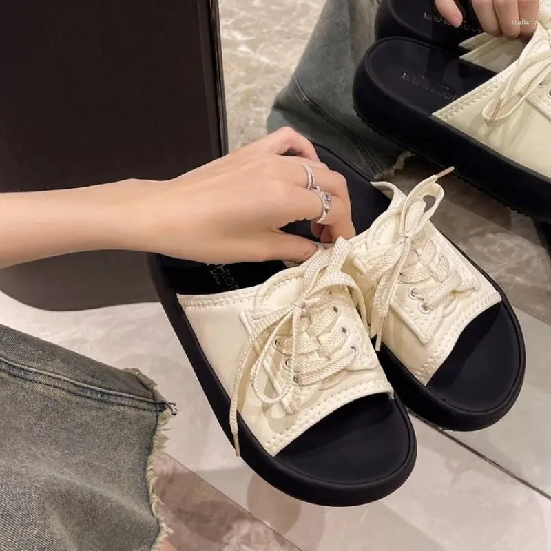 Slippers 2024 Summer Slipper Feminino Lace-up Coreano Sandals Casual Sandals Casual Bottom Sports Sports Shoes Sapatos