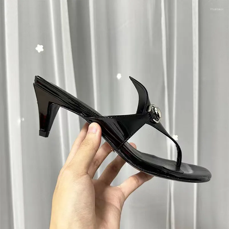 Slippers Size 35-44 Sexy One-Strap Narrow Band Sandals Women Kitten Heel Slingbacks Genuine Leather Concise Slim Summer Mules For Girls