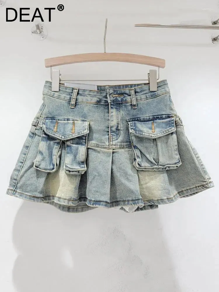 Rokken vintage mode damesvakken denim geplooid 2024 lente trendy hoge taille a-line mini rok vrouwelijk 11xx8702