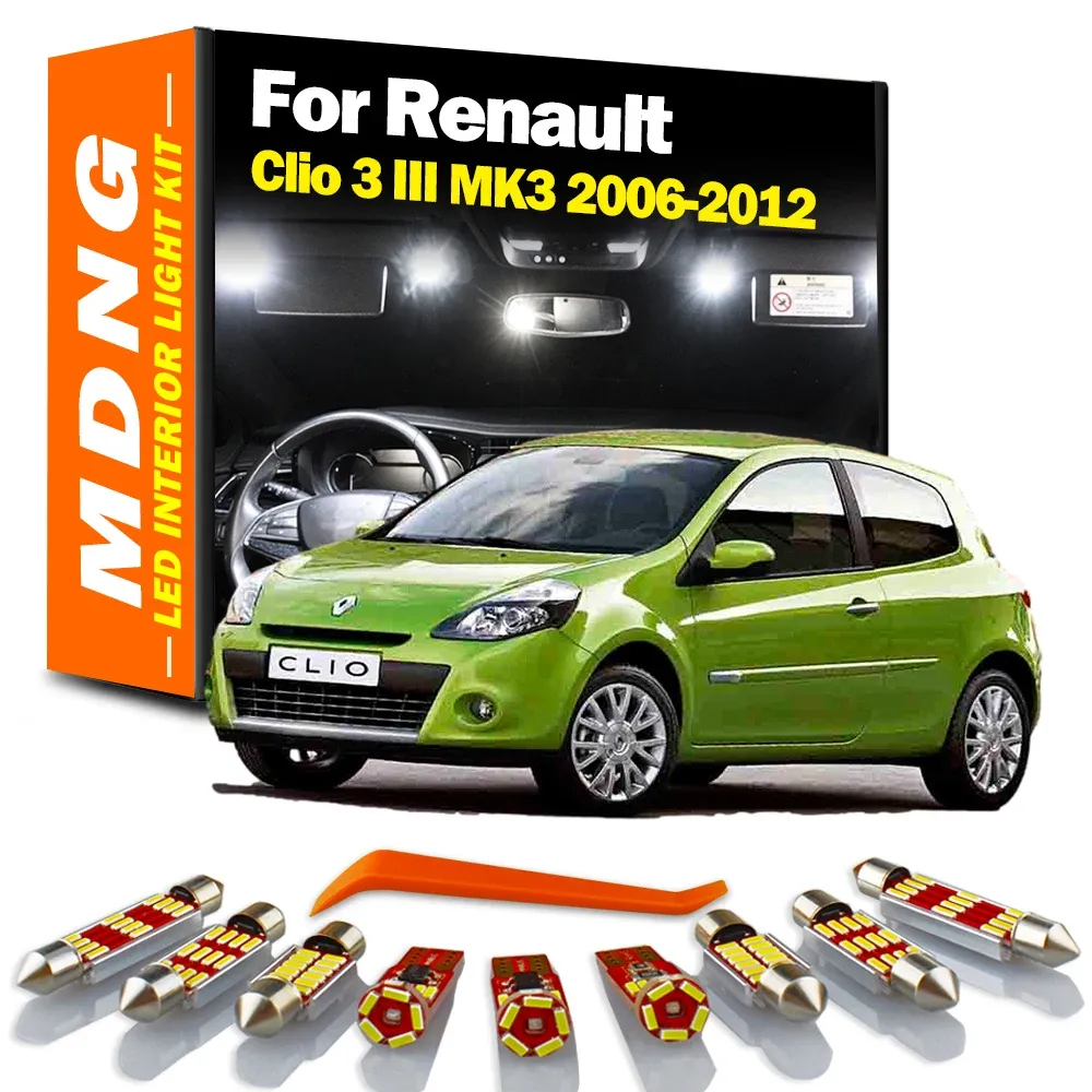 MDNG 13pcs para Renault Clio 3 III MK3 2006 2007 2008 2009 2010 2012 2012 Bulbos de carro LED MAP INTERIOR DOME TRUNCO LUZ DO KIT