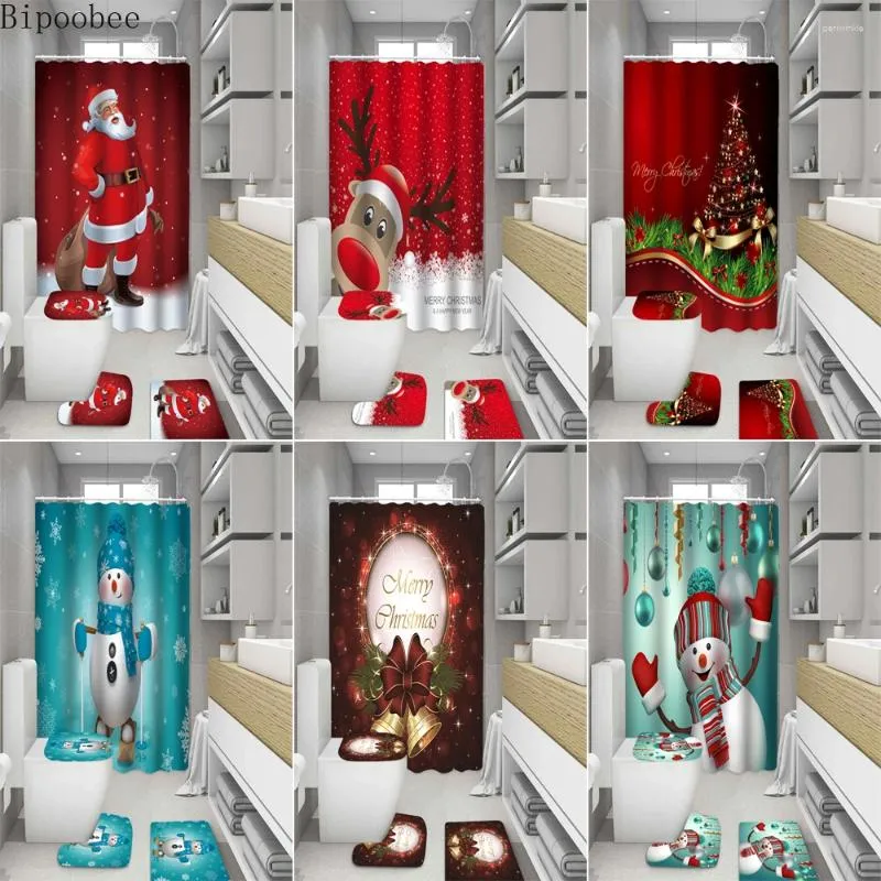 Rideaux de douche Joyeux Noël Stravail Snowman Santa Panta Père Bell Elk Curtain et tapis Ensembles de toilettes Mat de toile