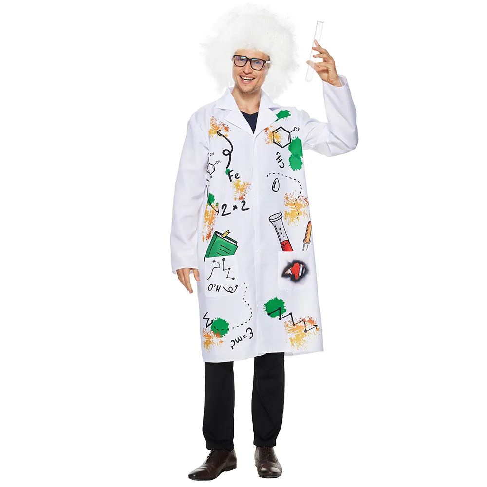 Lab Costumer Mad Scientist Costume For Adults White Lab Coat, Wig, Chemical Lab ...