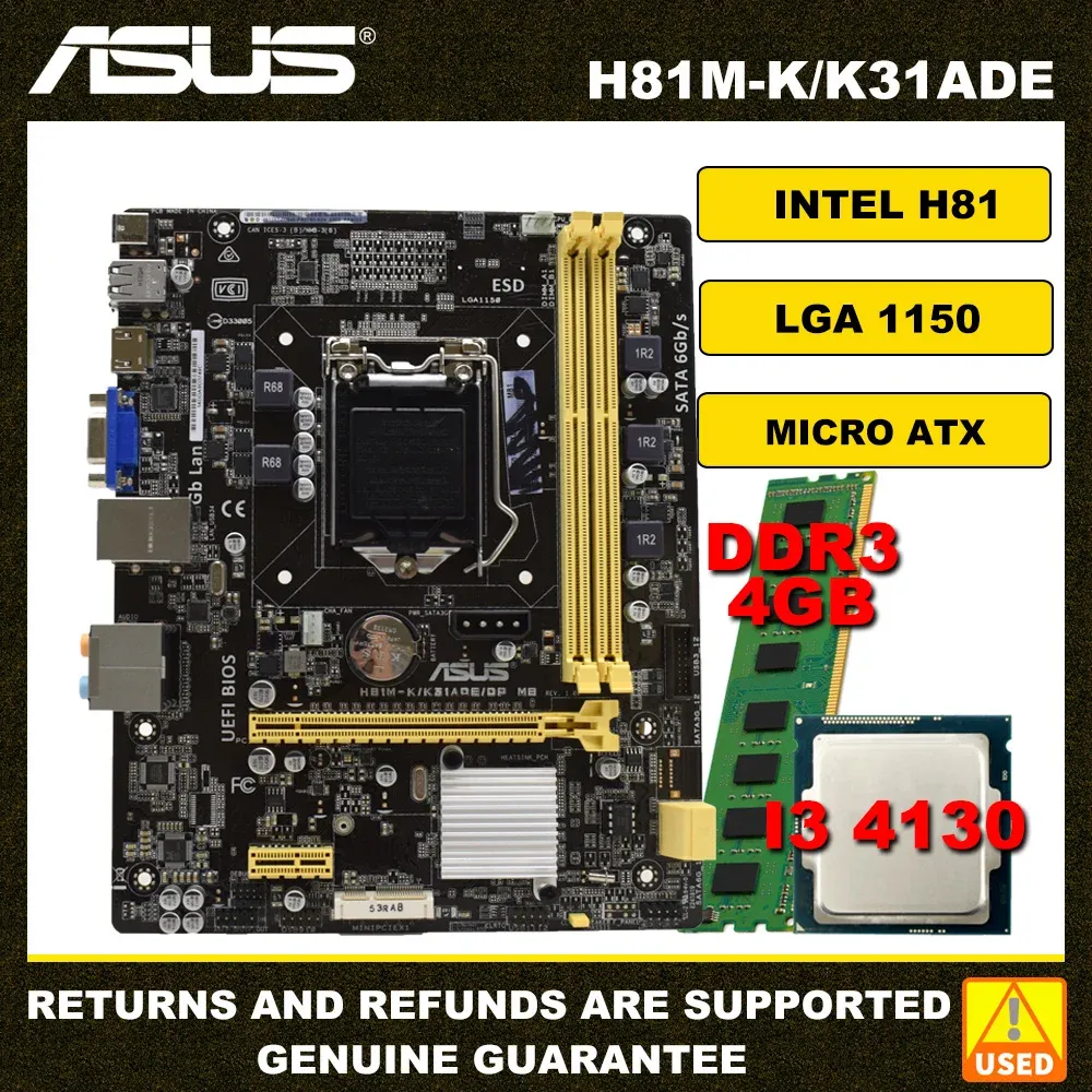 Материнские платы Asus LGA 1150 Motherboard Kit Intel H81 USB2.0 USB3.0 SATA3 Micro ATX с H81MK/K31ADE Материнская плата I3 4130 CPU DDR3 4GB память