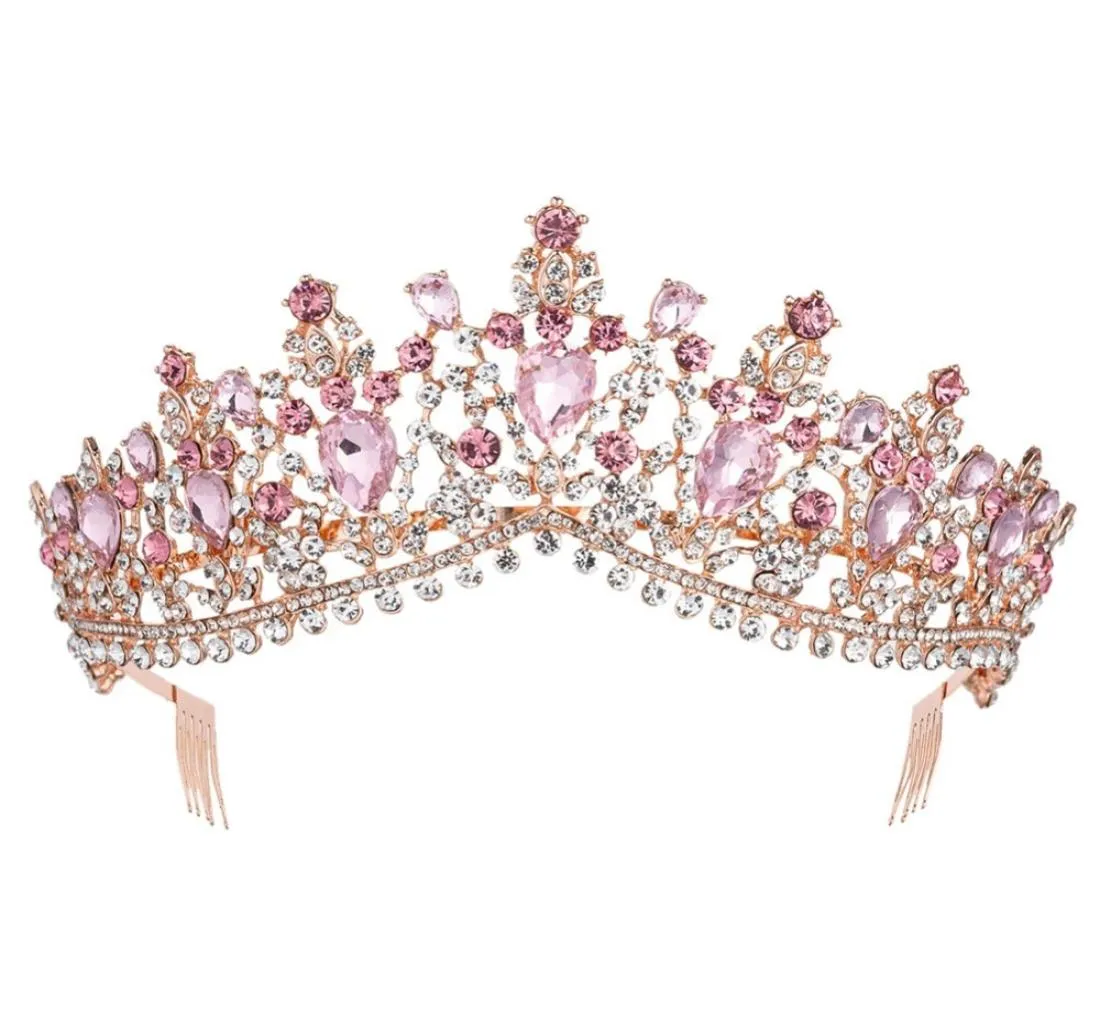 Coro rosa de ouro rosa rosa coroa de tiara de cristal rosa com concurso de pente baile strass véu tiara tiara helaving hair acessórios para cabelo y9513817