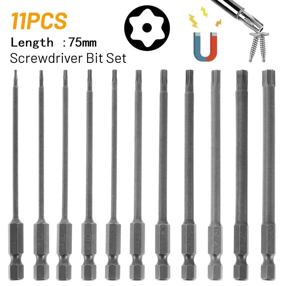 11pcs Torx Screwdriver Bit Set Hex Security Magnetic Head 75MM Extra Long Electric Screwdrier Tools-T40