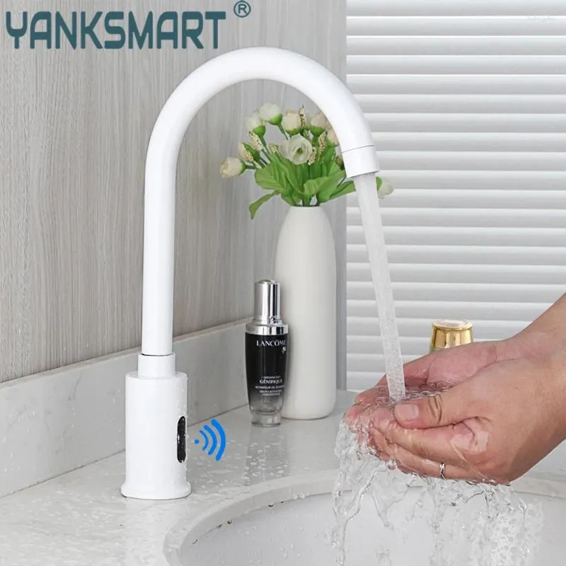 Bathroom Sink Faucets YANKSMART White Sensor Faucet Basin Deck Mounted Free Touch Automatic Inflated Washbasin Mixer Water Tap