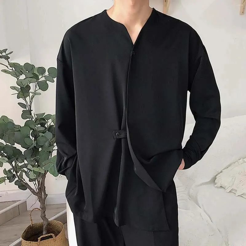 Mäns avslappnade skjortor koreanska kläder män solid färg rayon skjorta manlig lös oregelbunden kragefri långärmad blus camisa para hombre