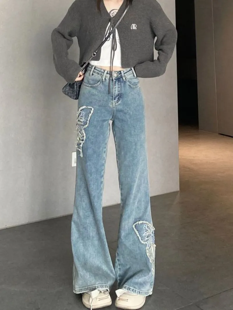 【2plan】Pinata embroidery wide denim pants MEOKIM Women's Denim Pants Y2K Jeans Retro Embroidered