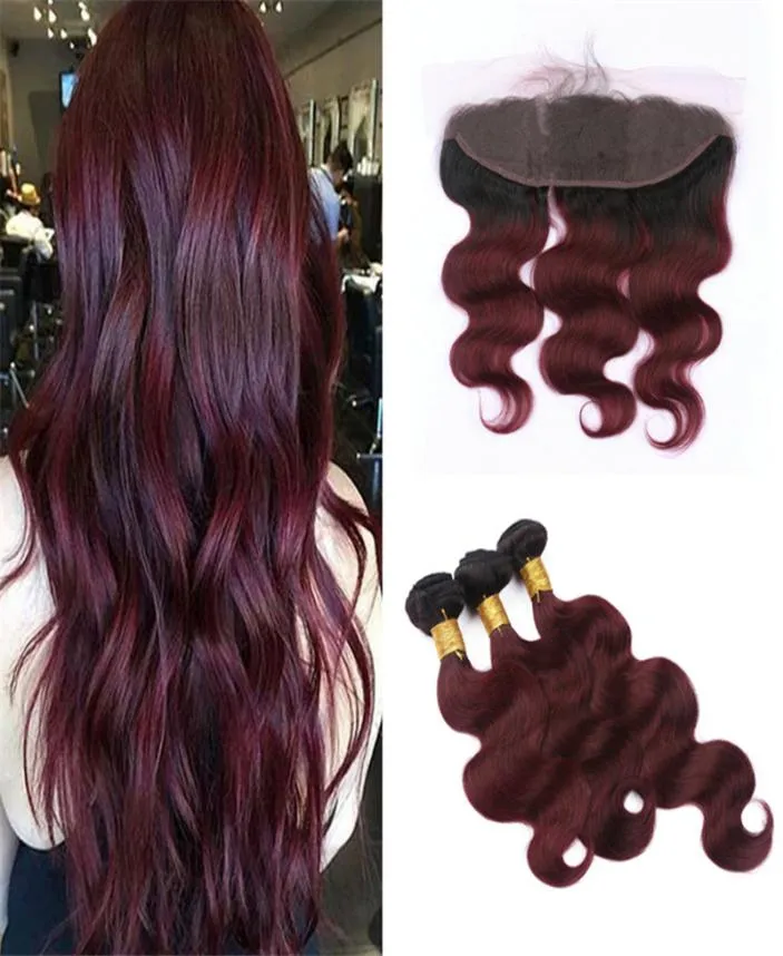 Two Tone 1B 99J Body Wave Hair Weaves With Lace Frontal Ear To Ear Closure With Bundles 1B Burgundy Ombre Hair With Frontal6315561