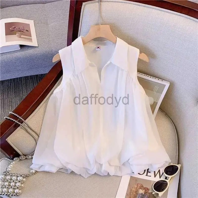 Women's Blouses Shirts blouse women Summer 2024 design lapel white shirt womens belly cover off-the-shoulder sleeveless top 240411