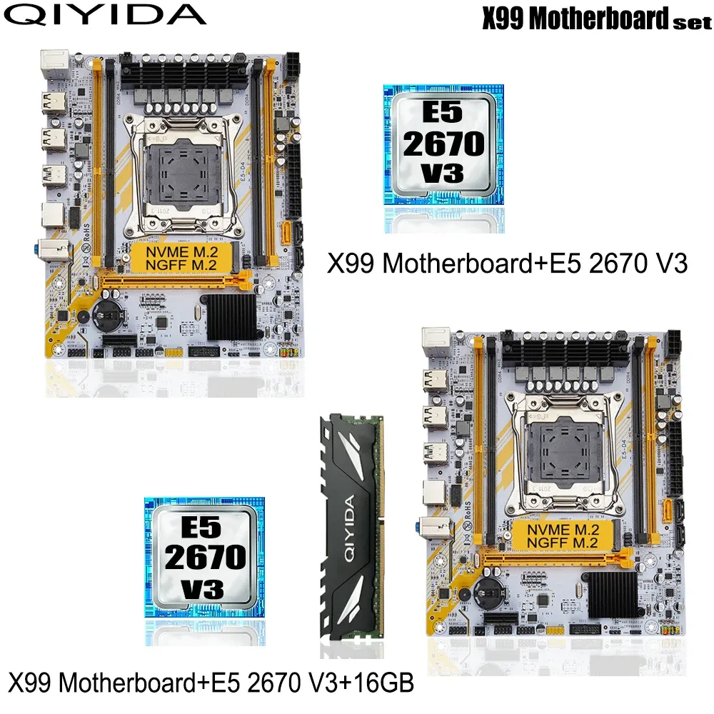 Cartes mères Qiyida x99 Set LGA2011 3 kit avec Xeon E5 2670 V3 Processeur CPU et 16 Go DDR4 RAM Memory NVME M.2 E5 D4
