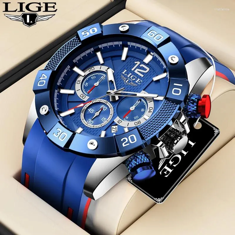 Montre-bracelettes Lige Fashion Man Watch Top Clocks Sports décontractés Slicone Slicon Chronographe Imperméable Quartz Watchs masculins Date
