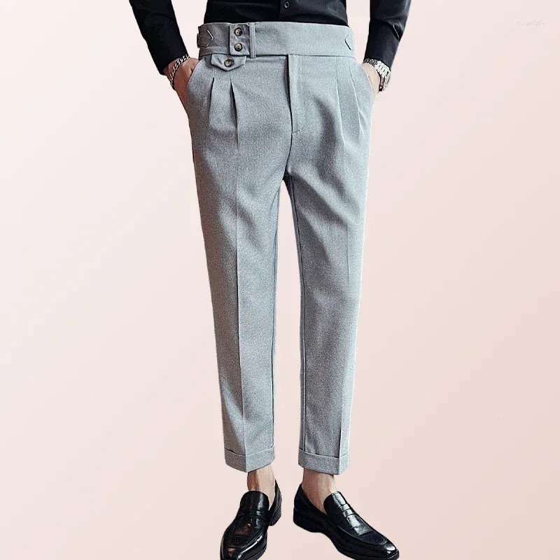 Erkekler Pantolon 2024 Dokuda Yüksek Belli Düz Boy Pantolon Gri-Modaya ve Günlük Napoli Erkek Elbise