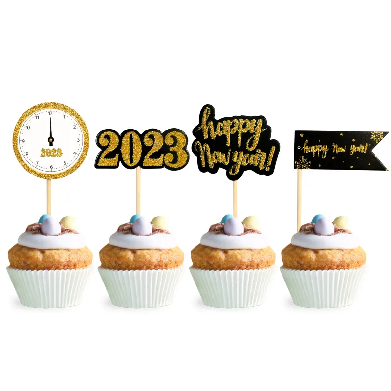 4pcs / set Happy New Year Cake Flags Clock 2024 Christmas Cake Topper Noël