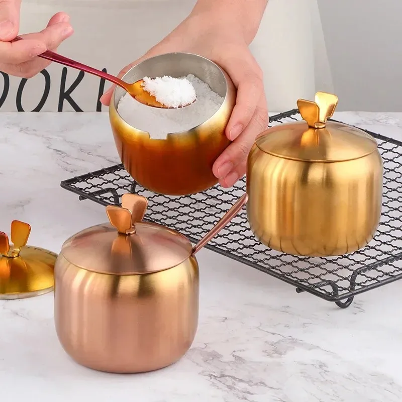 Keuken roestvrijstalen gouden kruidenkruidpot mooi ontwerp kruiden zout suiker container peper potte gereedschap met deksel en lepel