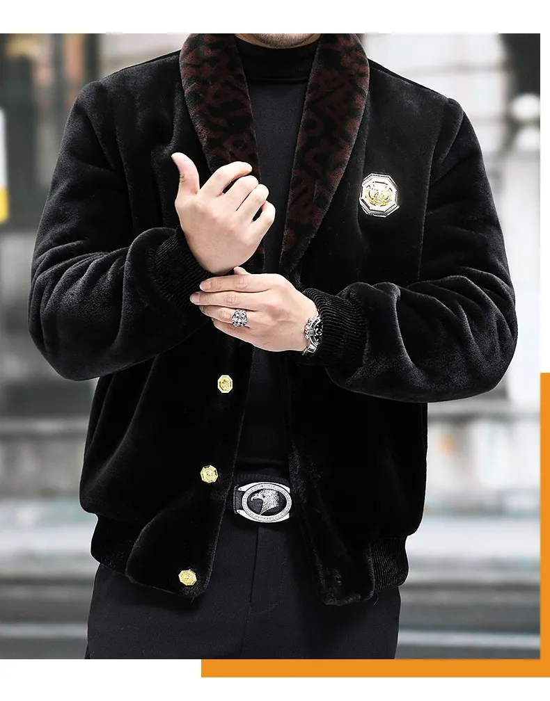 Mens Mink Fur Jacket Winter Velvet Bomber Coat with Zipper Closure