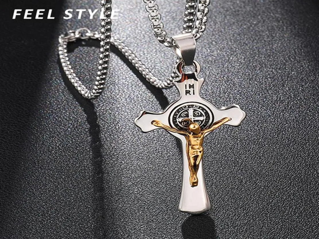 Pendant Necklaces INRI Jesus Cross Pendants Stainless Steel Exorcism St Benedict Crucifix Necklace For Men Jewelry23404504879