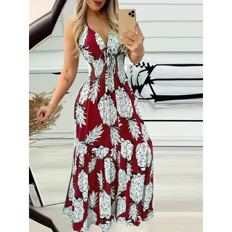 Pineapple print halter neck maxi dresssleeveless summer dress for women 240411