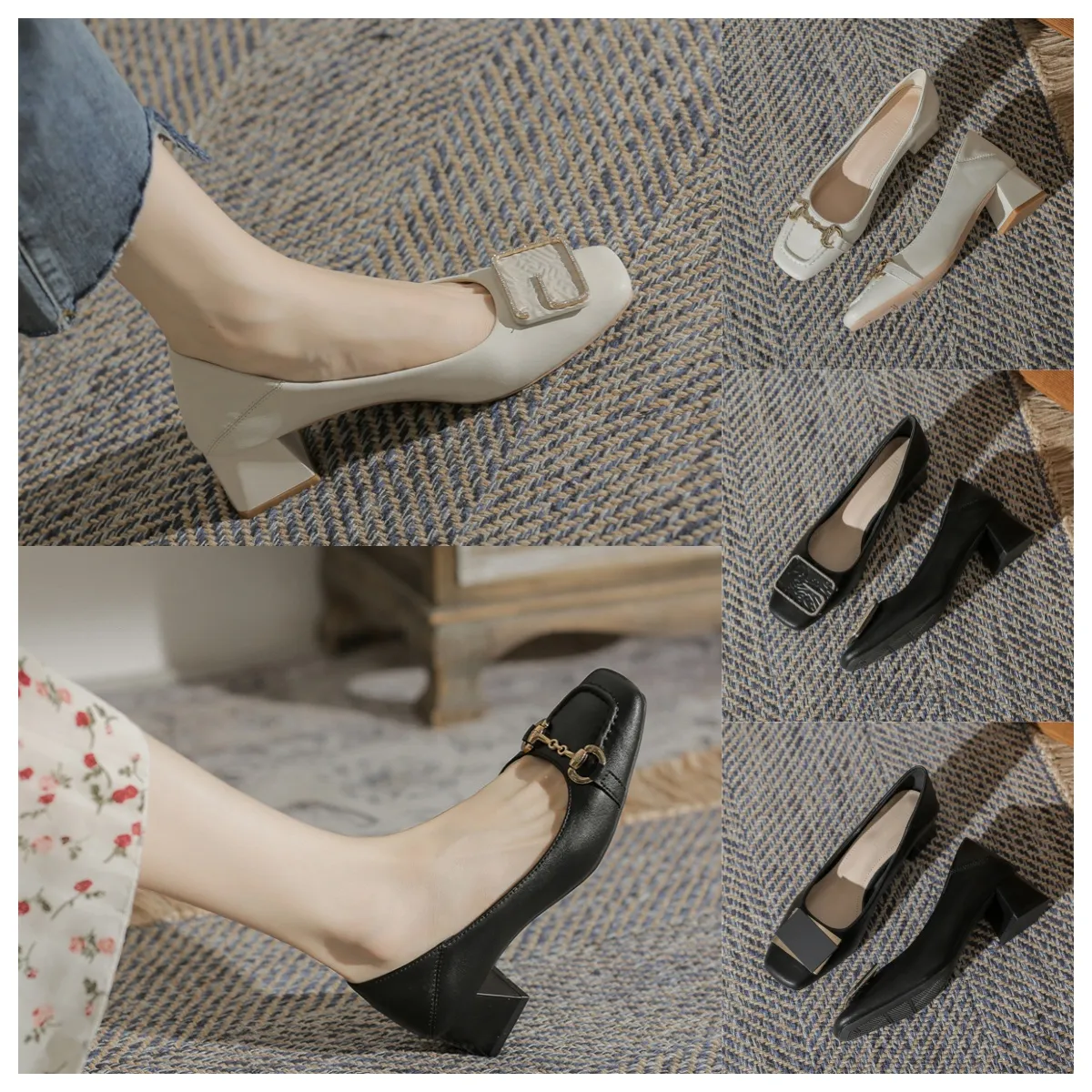 Designer de luxo de pé de pavio alto, mulheres de calcanhar médio da moda Solas macias saltos grossos e sapatos únicos