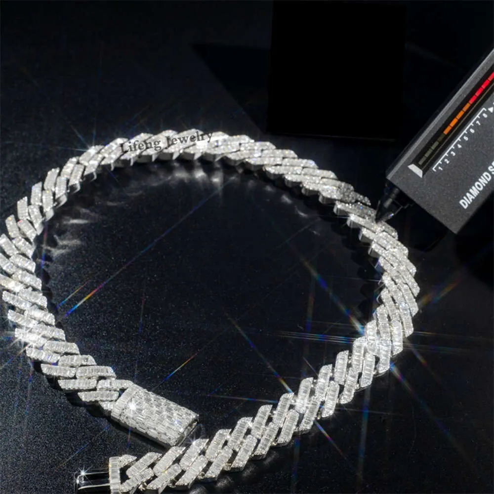 2024 Hot Sell 925 Sliver White Gold Plated Vvs Moissanite Pass Diamond Tester 18mm Miami Cuban Link Chain Baguette Necklaces for Men