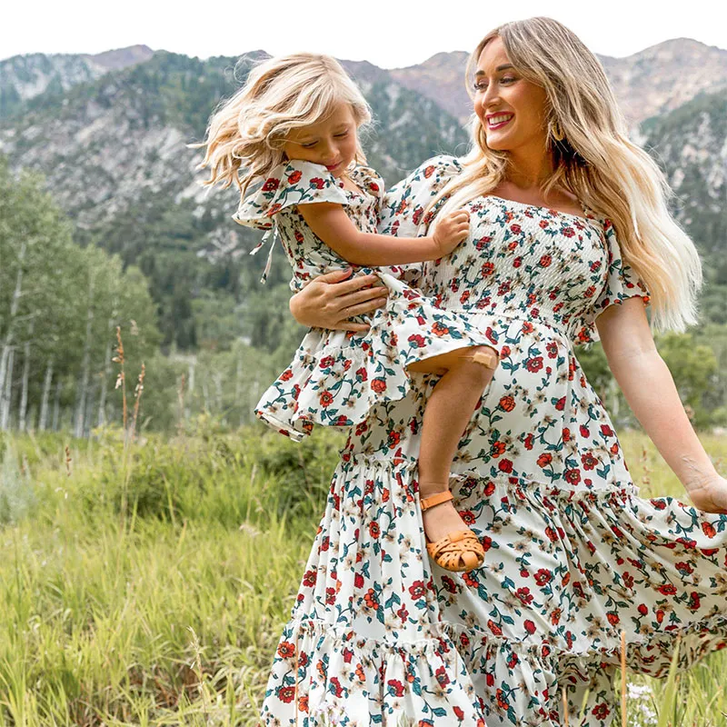 Vestidos a Juego para madre e hija, traje elegante hasta la rodilla, manga corta, estampado, Moda bekend, Verano, Nuevo