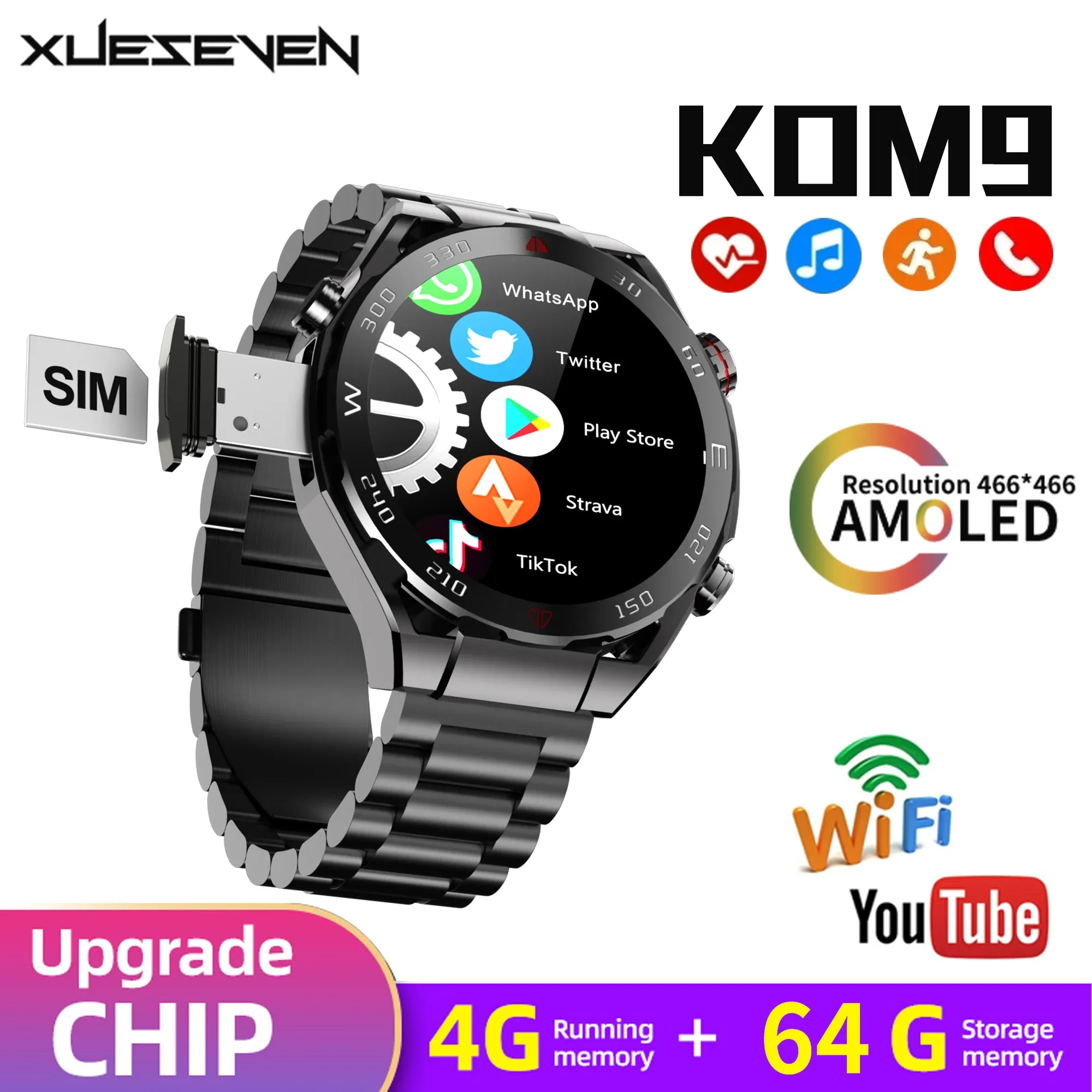 Orologi xueseven kom9 4g sim smartwatch 1.43 "display AMOLEd 5.0MP Camera 4 GB+64 GB Android 8.1 GPS Waterroof Sport Smart Watch Telefono