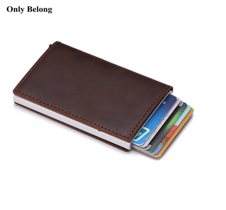 Echte lederen aluminium portemonnee -ID blokkeren Wallet Automatic Pop -up Credit Business Card Case Protector974432222