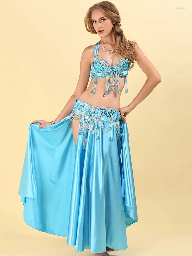 Stage Wear Women Adult Belly Dance Bra Beaded Split Skirt Bow Big Swing Long Dress Mesh Ethnic Dancewear Performance Three Piece Sets