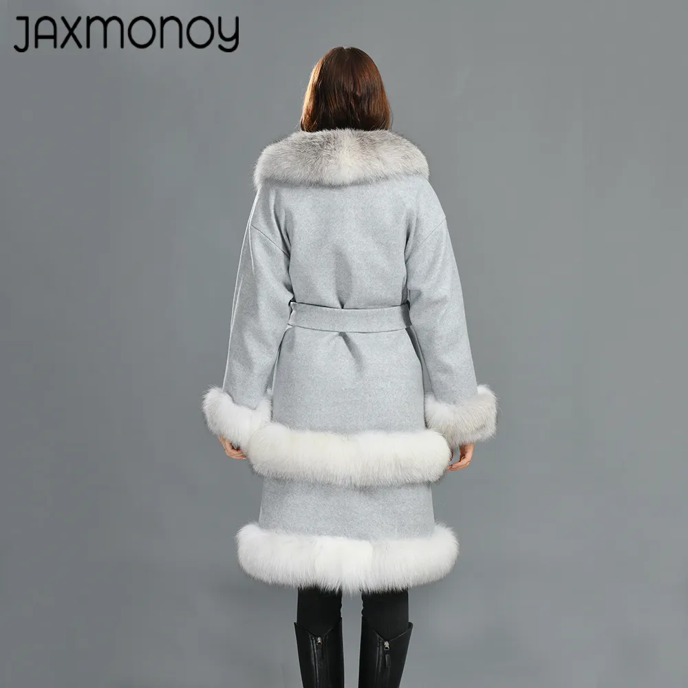 Jaxmonoy Femme's Cashmere Coat Luxury Fox Fur Trim Ladies Winter Belt Slim Long Trench Veste d'automne en laine solide