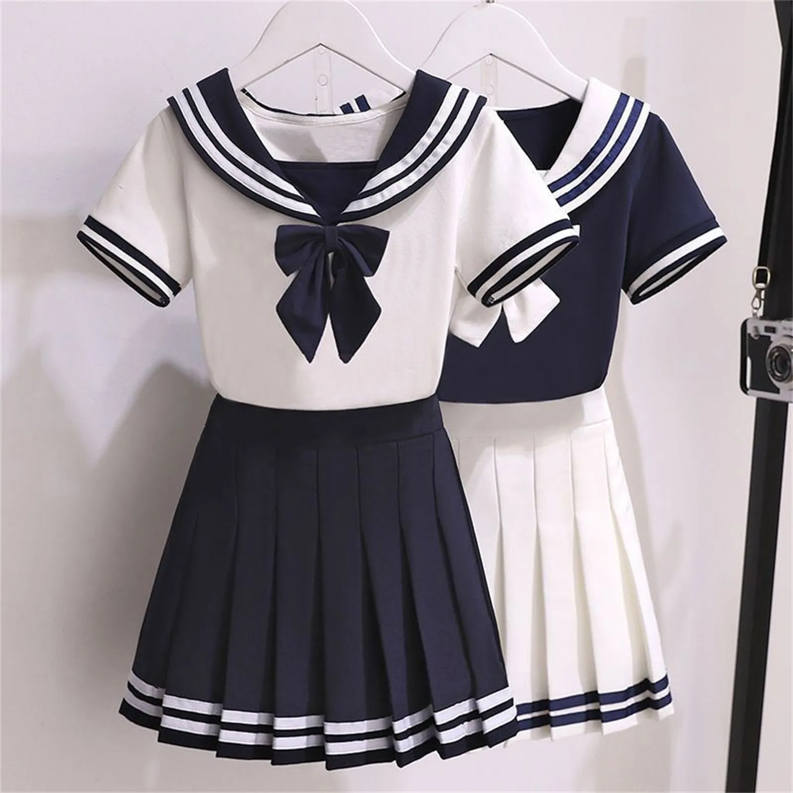 Black White JK Uniform Summer Short Sleeve Shirt+Pleated Skirts Japanese School Uniforms 4-10T Girls Sailor Sets JK Uniform COS