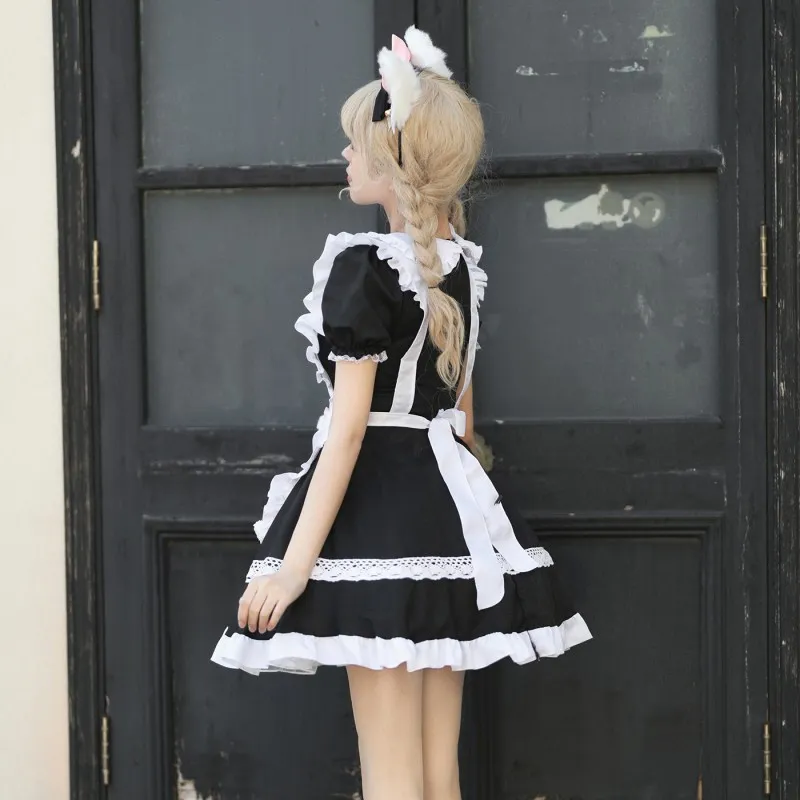 Lovely Unisex Lolita One-Piece Skirt Outfit for Summer - Black and White, 100% Polyester, Ideal for 18-24 Age Maid little mistress dresses, Cafe
