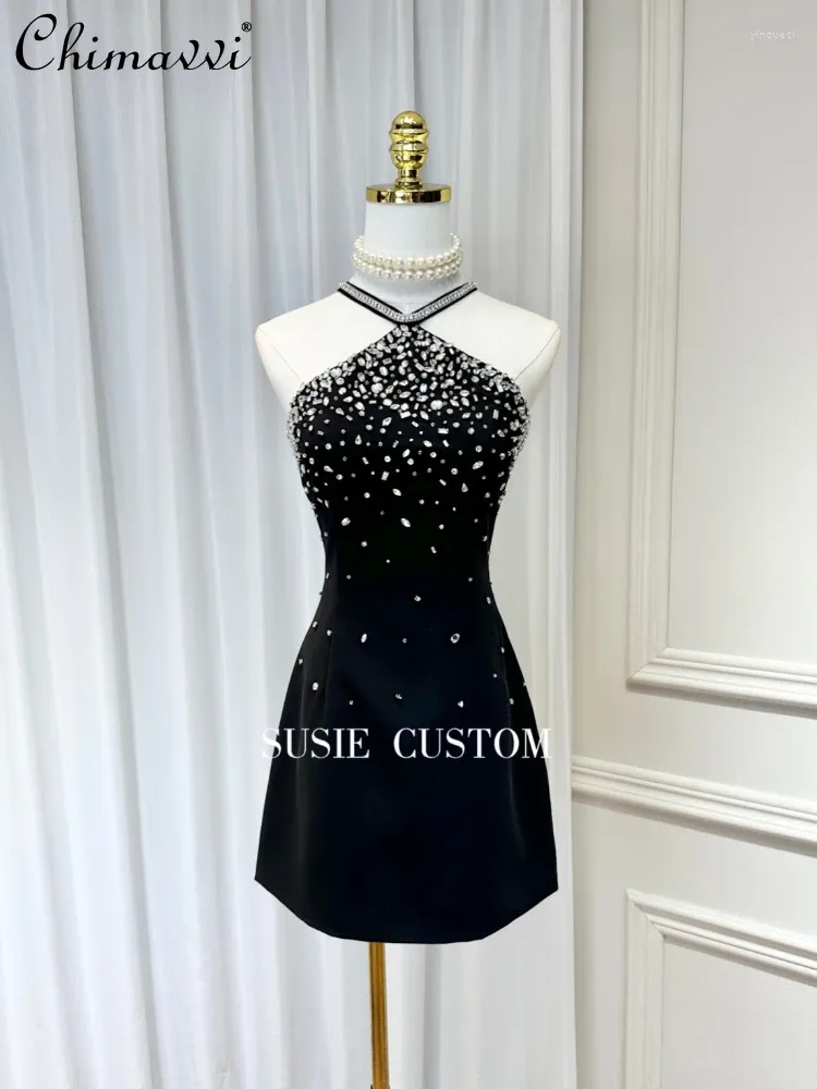 Casual Dresses Luxury Rhinestone Sleeveless Halter Off Shoulder High midje Slim Fit Short Birthday Party Black Dress for Women 2024 Summer