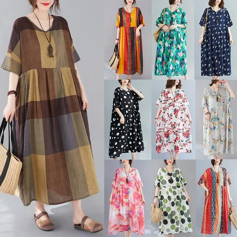 Abiti da festa pakistani abiti lunghi donne donne bohémien boho vintage stampato a quadri a quadri corta manica corta gypsy etnica casual sciolta