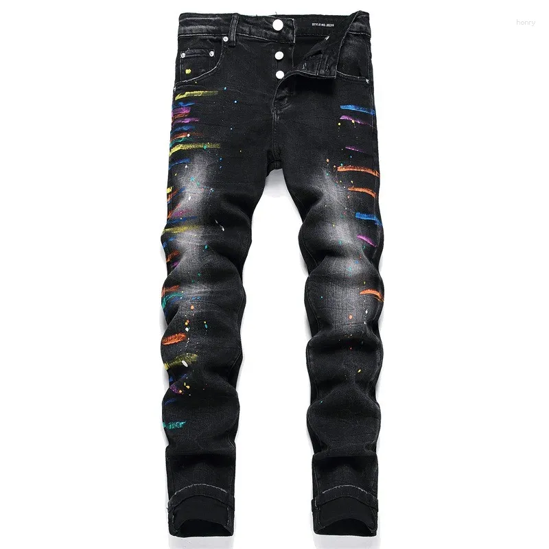 Jeans pour hommes hommes peinture noire éclaboussure crayon streetwear élastique élastique petit pieds de petit pieds de jean pour mâle