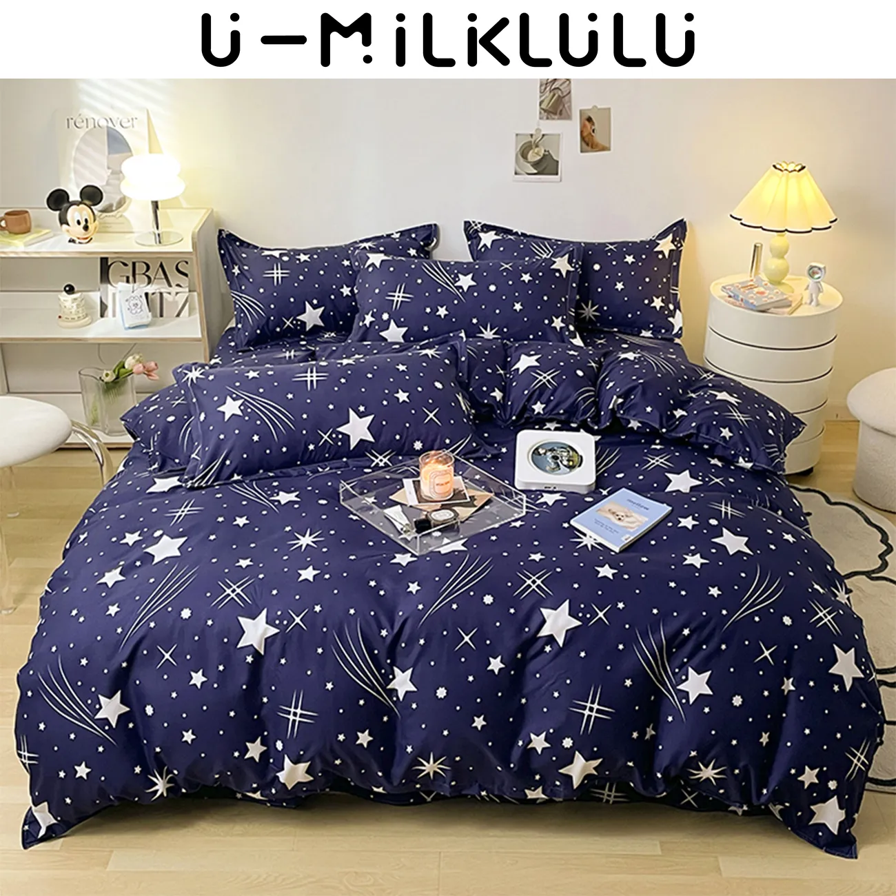 An Array of Star Retro Comforter Queen King Bedding Set Bed Sheets and Pillowcases Luxury Simple Dark Blue Duvet Cover Set 180